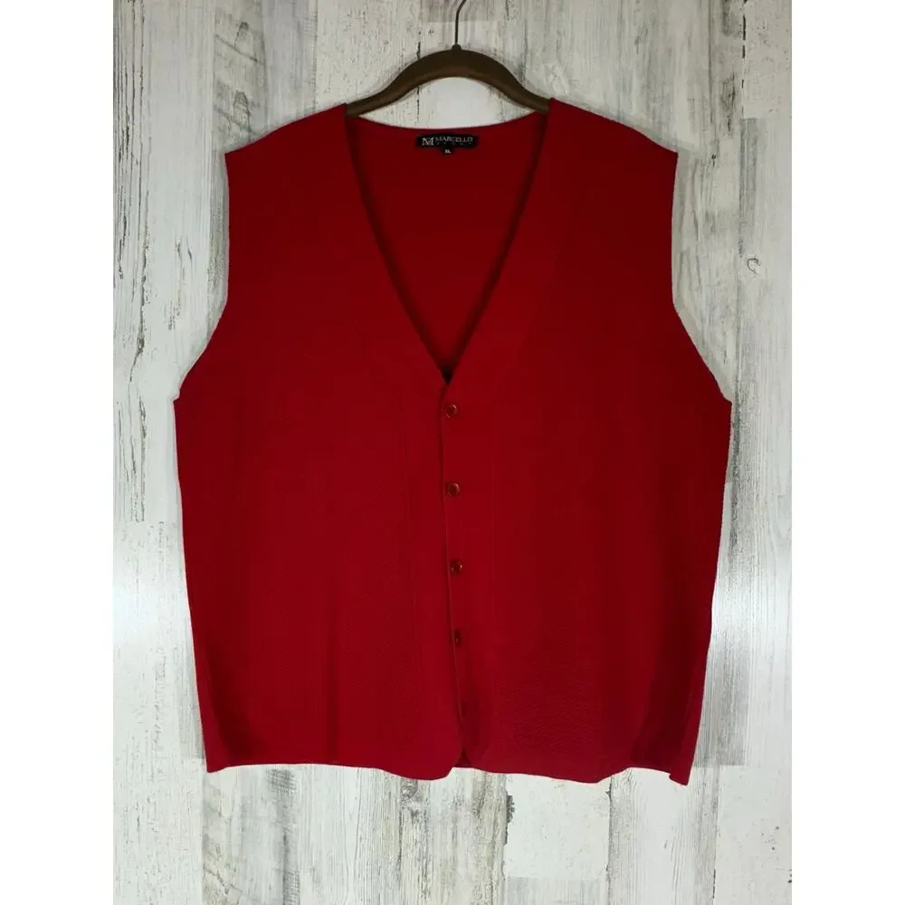 Marcello Sport Mens Sweater Vest Cardigan Size XL Red V-neck Merino Wool Blend